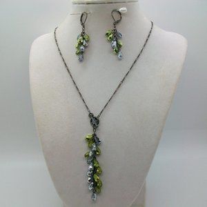 Metallic Green Silver Bead Tassel Necklace Matching Dangle Earrings